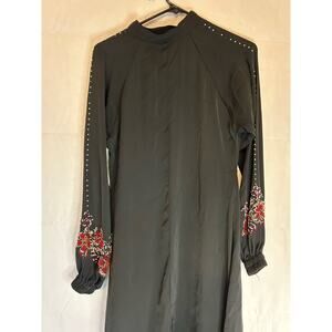 Palestinian Abaya Middle East Black Dress Embellished Floral GUC XS/S